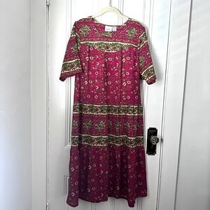 Vermont Country Store Cotton Block Print Dress Pink Floral Boho Midi Medium